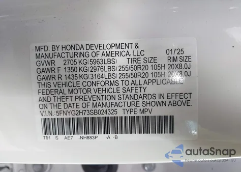 2025 Honda Pilot Touring z USA, uszkodzony, nr VIN 5FNYG2H73SB024325